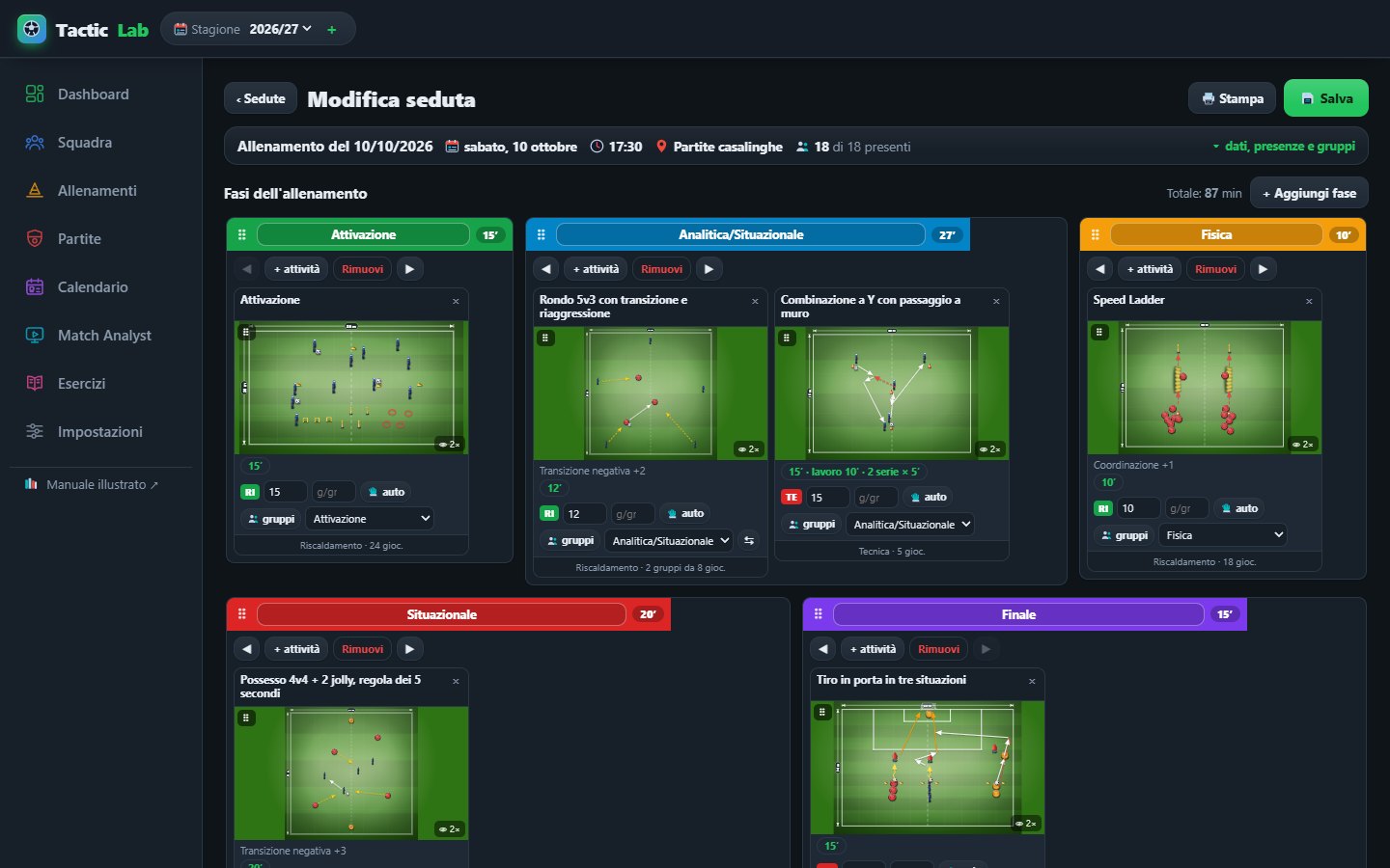 Pagina della seduta di allenamento